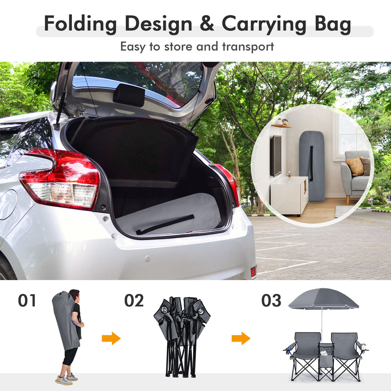 *Portable Folding Picnic Double Chair With Umbrella - Gray