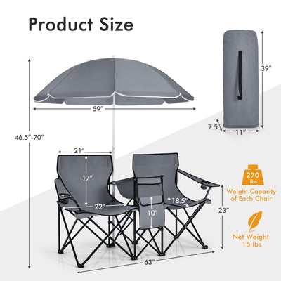 *Portable Folding Picnic Double Chair With Umbrella - Gray