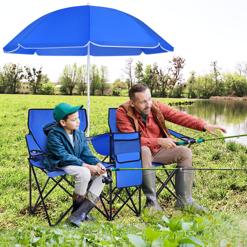 *Portable Folding Picnic Double Chair With Removable Umbrella - Blue