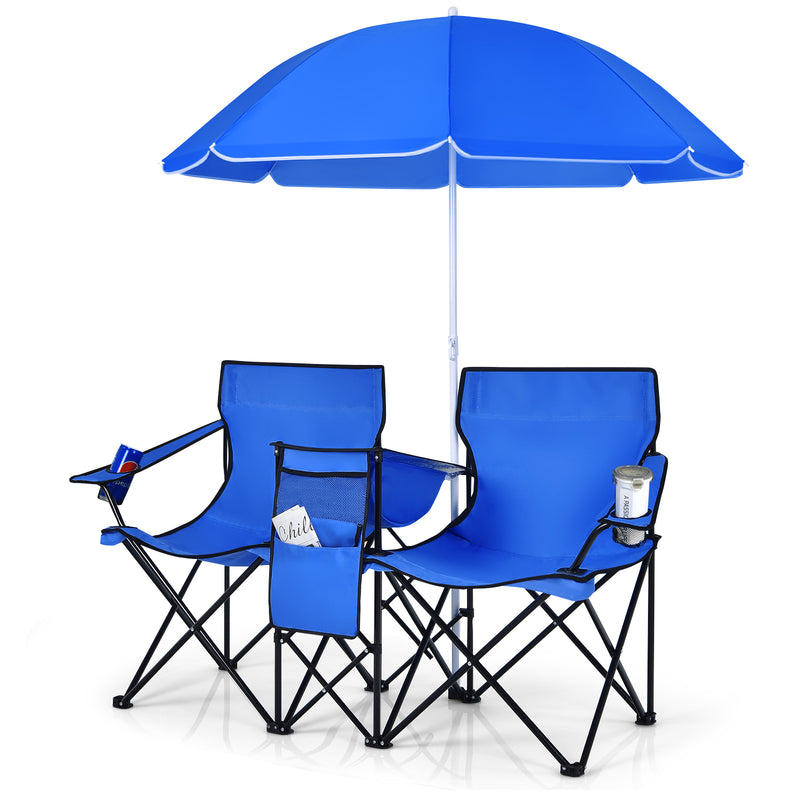 *Portable Folding Picnic Double Chair With Removable Umbrella - Blue