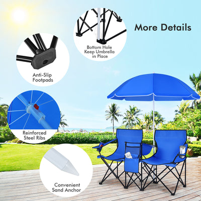*Portable Folding Picnic Double Chair With Removable Umbrella - Blue