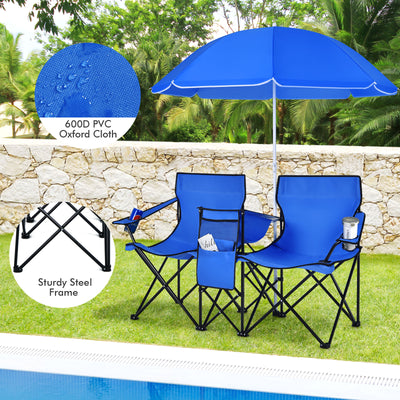 *Portable Folding Picnic Double Chair With Removable Umbrella - Blue