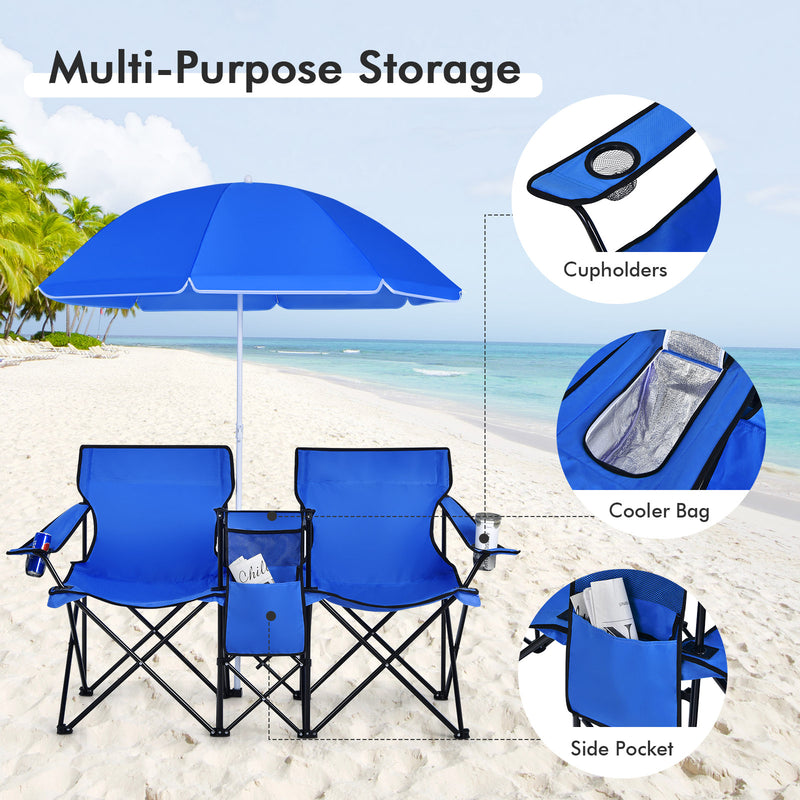 *Portable Folding Picnic Double Chair With Removable Umbrella - Blue