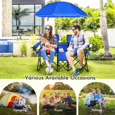 *Portable Folding Picnic Double Chair With Removable Umbrella - Blue