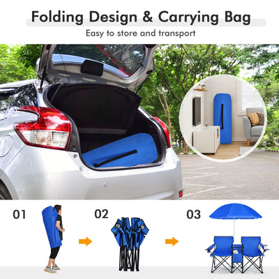 *Portable Folding Picnic Double Chair With Removable Umbrella - Blue