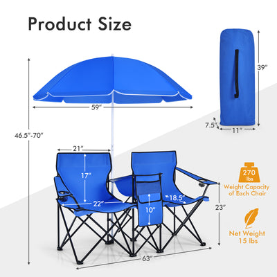 *Portable Folding Picnic Double Chair With Removable Umbrella - Blue