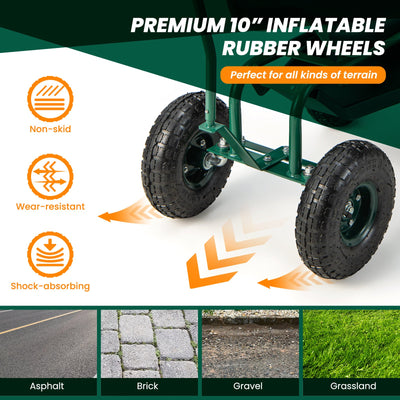 Rolling Garden Cart with Height Adjustable Swivel Seat and Storage Basket-Green