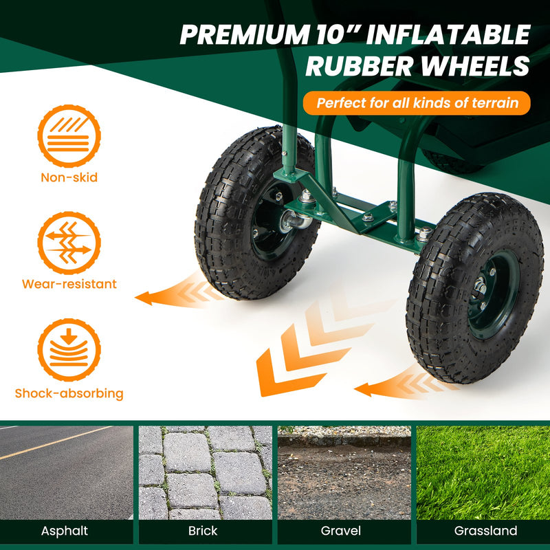 Rolling Garden Cart with Height Adjustable Swivel Seat and Storage Basket-Green