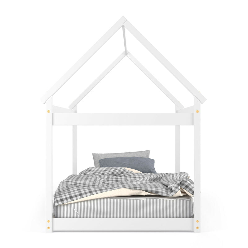 Stable Kids Platform Floor Bed with Roof ang Heavy-Duty Slats-White