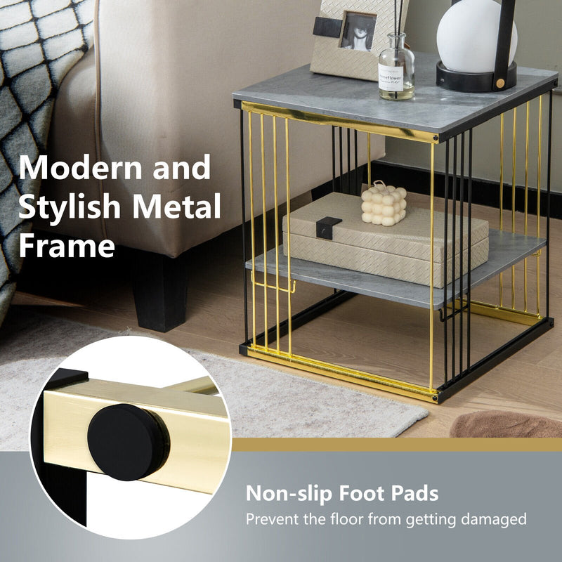 2-Tier Metal Square Side End Table with Removable Shelf-Gray