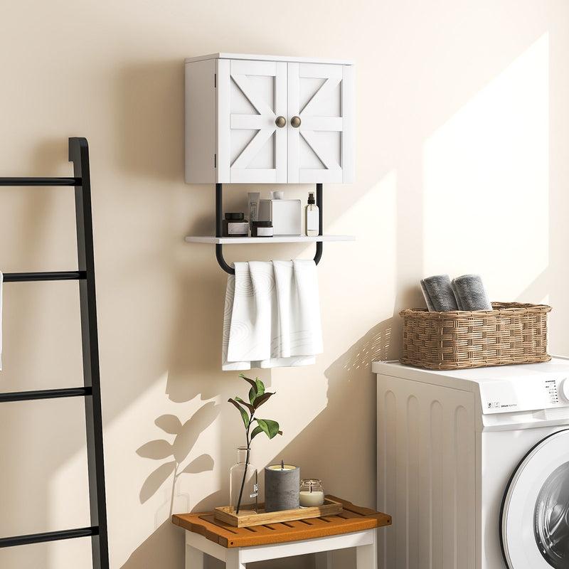2-Door Bathroom Wall-Mounted Medicine Cabinet with Open Shelf and Towel Rack-White