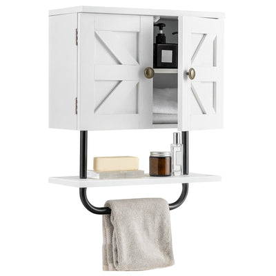 2-Door Bathroom Wall-Mounted Medicine Cabinet with Open Shelf and Towel Rack-White
