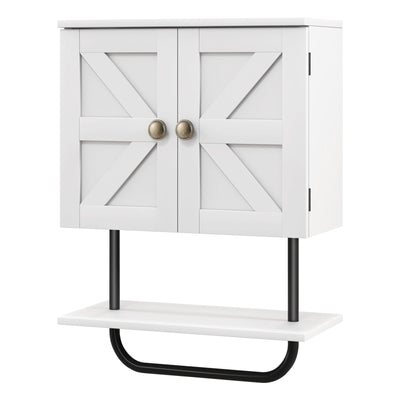 2-Door Bathroom Wall-Mounted Medicine Cabinet with Open Shelf and Towel Rack-White