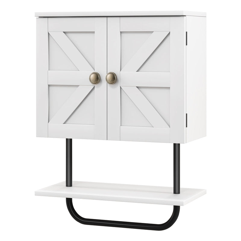 2-Door Bathroom Wall-Mounted Medicine Cabinet with Open Shelf and Towel Rack-White