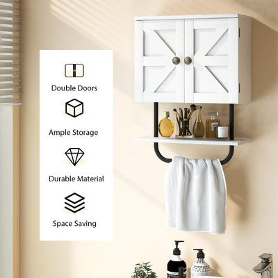 2-Door Bathroom Wall-Mounted Medicine Cabinet with Open Shelf and Towel Rack-White