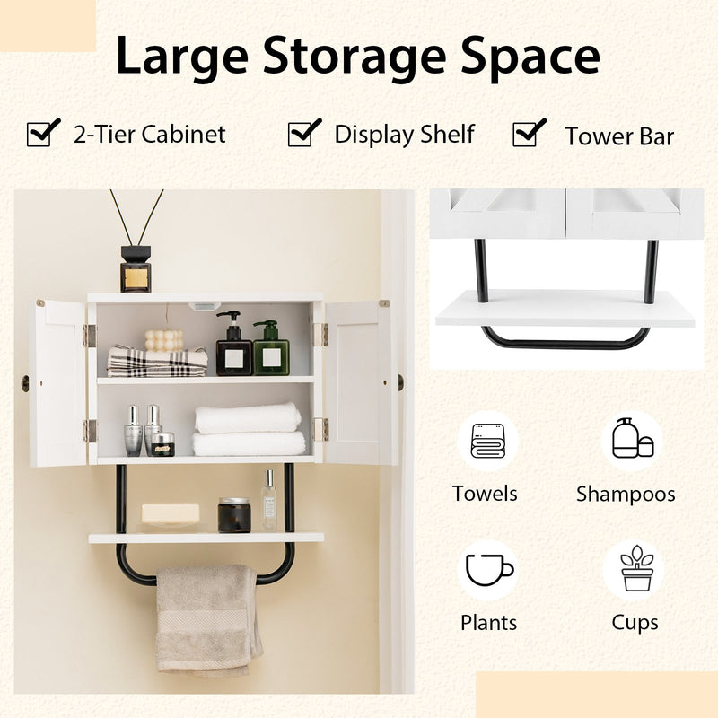 2-Door Bathroom Wall-Mounted Medicine Cabinet with Open Shelf and Towel Rack-White