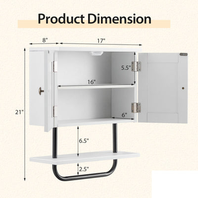 2-Door Bathroom Wall-Mounted Medicine Cabinet with Open Shelf and Towel Rack-White