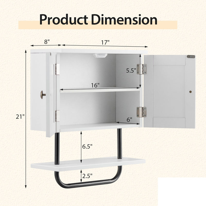 2-Door Bathroom Wall-Mounted Medicine Cabinet with Open Shelf and Towel Rack-White