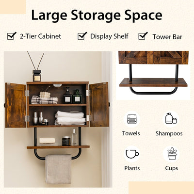 2-Door Bathroom Wall-Mounted Medicine Cabinet with Open Shelf and Towel Rack-Rustic Brown