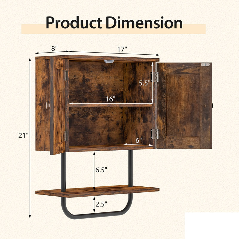 2-Door Bathroom Wall-Mounted Medicine Cabinet with Open Shelf and Towel Rack-Rustic Brown