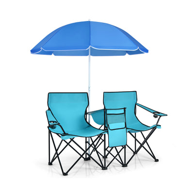 *Portable Folding Picnic Double Chair With Umbrella - Turquoise