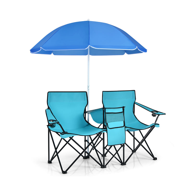 *Portable Folding Picnic Double Chair With Umbrella - Turquoise
