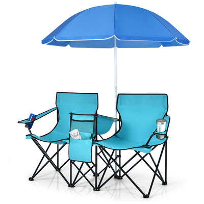 *Portable Folding Picnic Double Chair With Umbrella - Turquoise