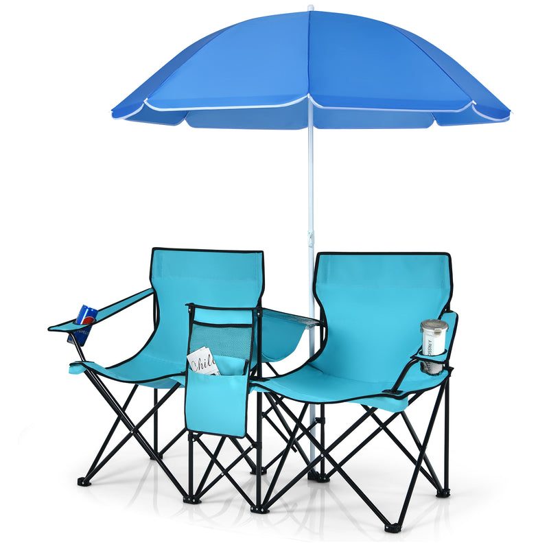 *Portable Folding Picnic Double Chair With Umbrella - Turquoise