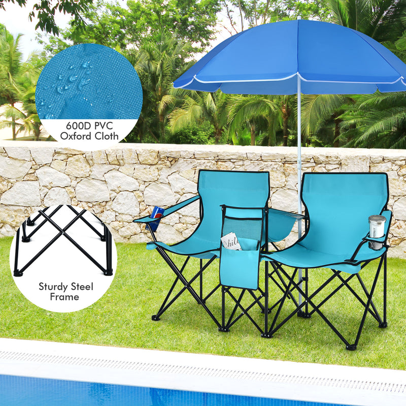 *Portable Folding Picnic Double Chair With Umbrella - Turquoise