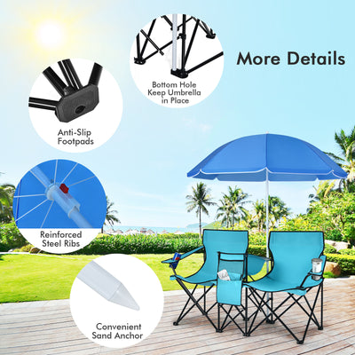 *Portable Folding Picnic Double Chair With Umbrella - Turquoise