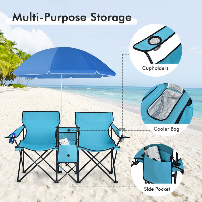 *Portable Folding Picnic Double Chair With Umbrella - Turquoise