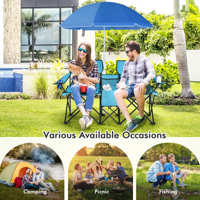 *Portable Folding Picnic Double Chair With Umbrella - Turquoise