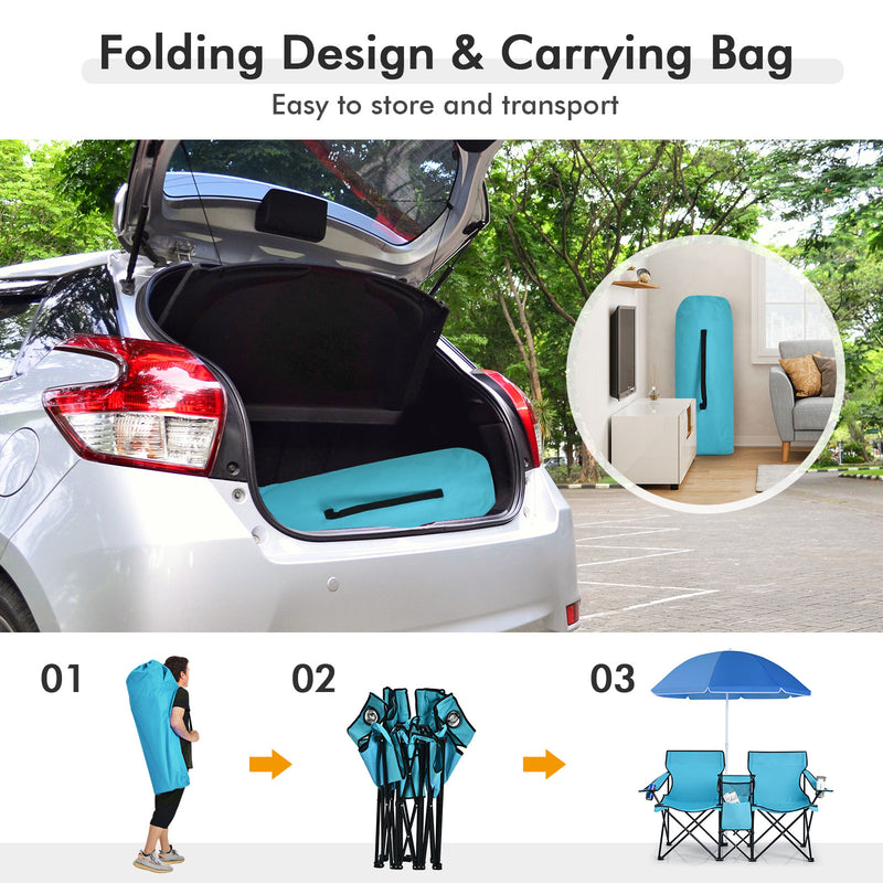 *Portable Folding Picnic Double Chair With Umbrella - Turquoise