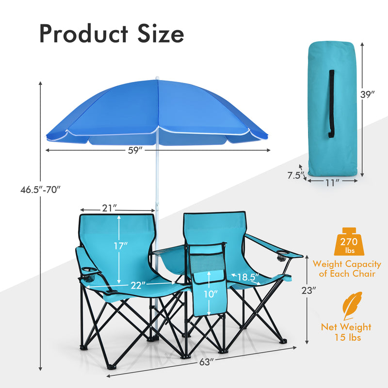 *Portable Folding Picnic Double Chair With Umbrella - Turquoise