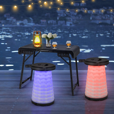 *3 Pieces Folding Camping Table Stool Set with 2 Retractable LED Stools - Black