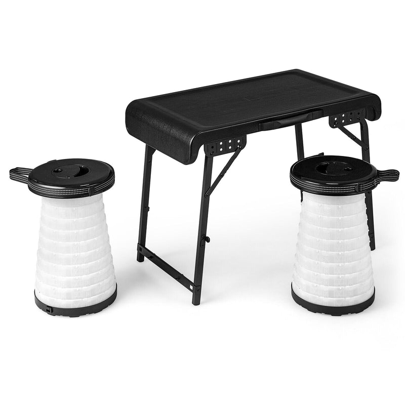*3 Pieces Folding Camping Table Stool Set with 2 Retractable LED Stools - Black