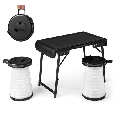 *3 Pieces Folding Camping Table Stool Set with 2 Retractable LED Stools - Black