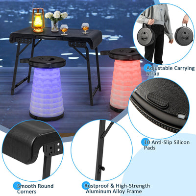 *3 Pieces Folding Camping Table Stool Set with 2 Retractable LED Stools - Black