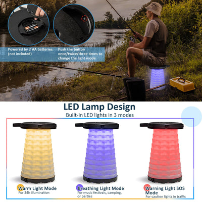 *3 Pieces Folding Camping Table Stool Set with 2 Retractable LED Stools - Black