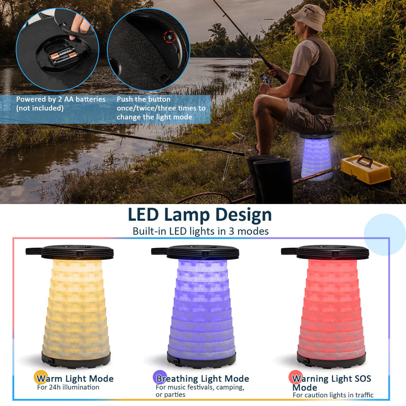 *3 Pieces Folding Camping Table Stool Set with 2 Retractable LED Stools - Black