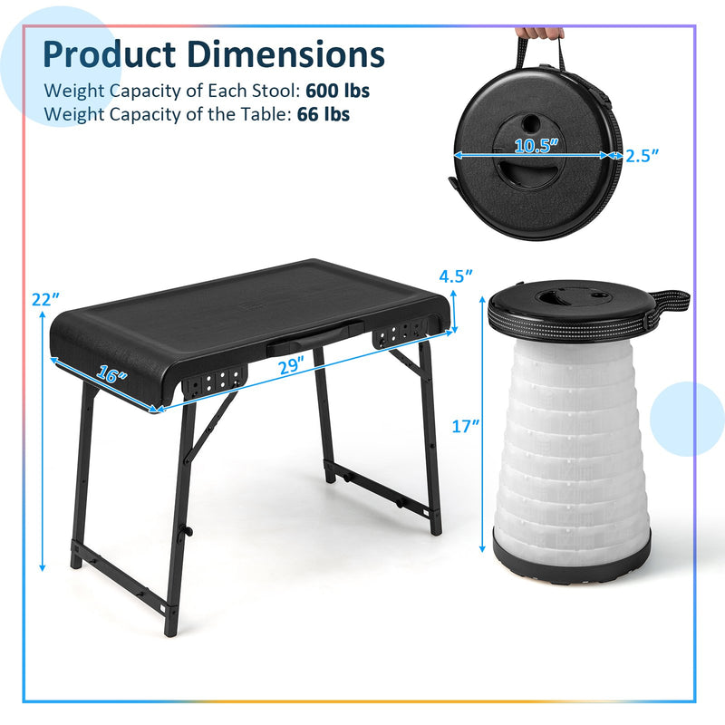 *3 Pieces Folding Camping Table Stool Set with 2 Retractable LED Stools - Black