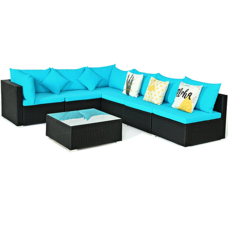 7-Piece Outdoor Sectional Wicker Patio Sofa Set with Tempered Glass Top-Turquoise