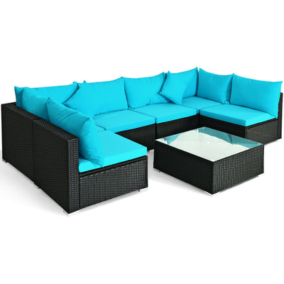 7-Piece Outdoor Sectional Wicker Patio Sofa Set with Tempered Glass Top-Turquoise