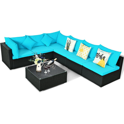 7-Piece Outdoor Sectional Wicker Patio Sofa Set with Tempered Glass Top-Turquoise