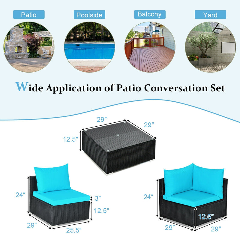 7-Piece Outdoor Sectional Wicker Patio Sofa Set with Tempered Glass Top-Turquoise
