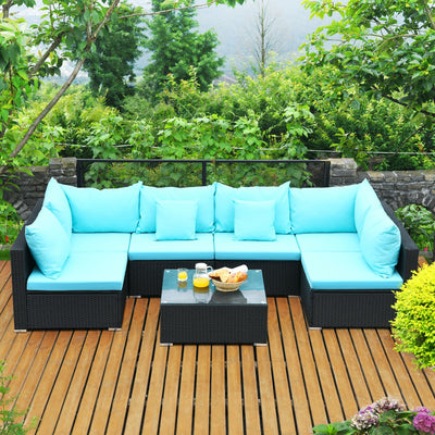 7-Piece Outdoor Sectional Wicker Patio Sofa Set with Tempered Glass Top-Turquoise