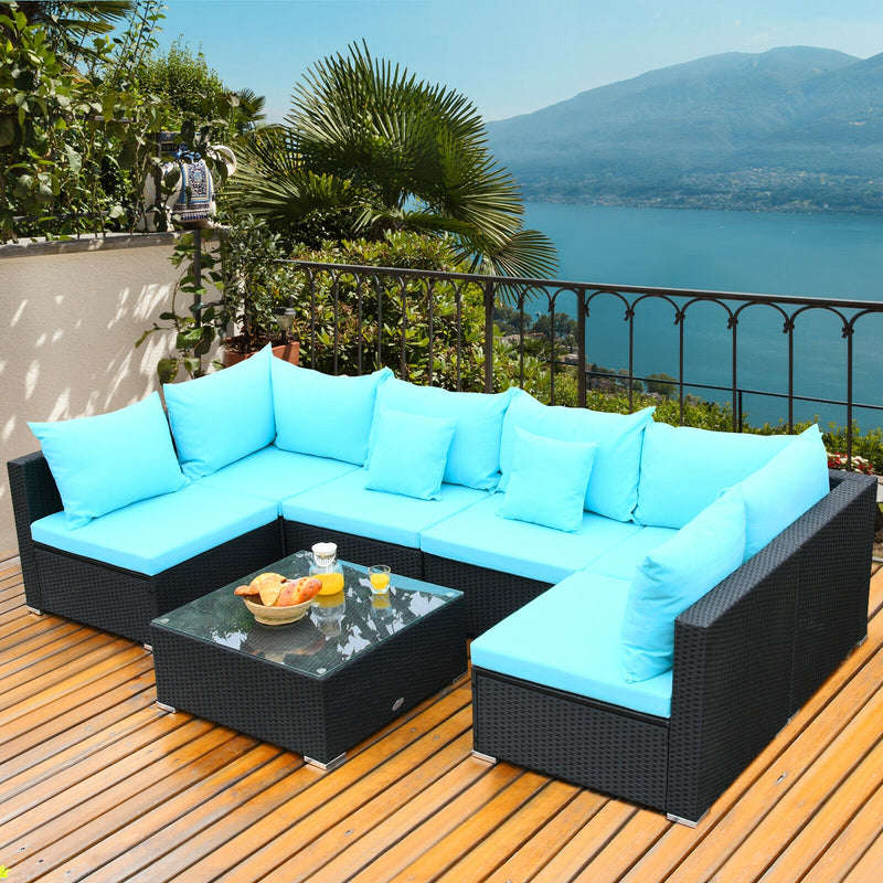 7-Piece Outdoor Sectional Wicker Patio Sofa Set with Tempered Glass Top-Turquoise