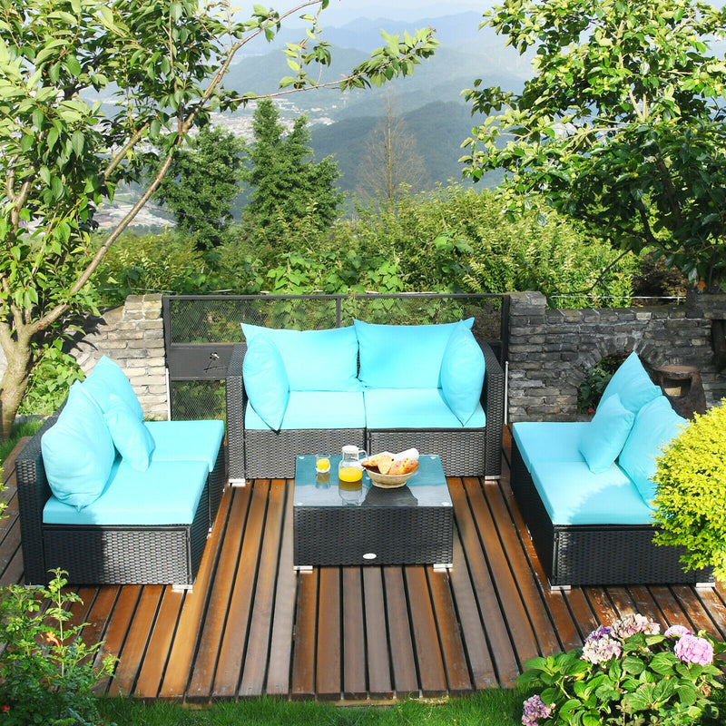 7-Piece Outdoor Sectional Wicker Patio Sofa Set with Tempered Glass Top-Turquoise