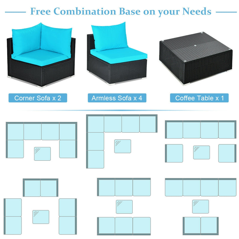 7-Piece Outdoor Sectional Wicker Patio Sofa Set with Tempered Glass Top-Turquoise
