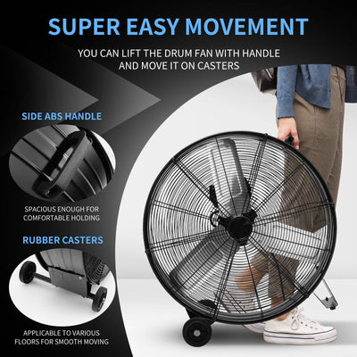 3-Speed 24 Inch Industrial Drum Fan with Aluminum Blades-Black